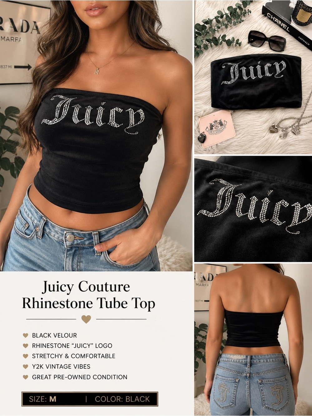 Juicy Couture Black Rhinestone Logo Velour Tube Top Bandeau Y2K Size Medium